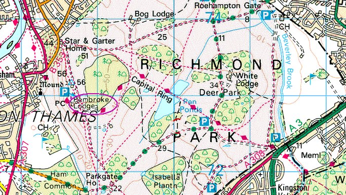 バートランド・ラッセルの祖父母の邸宅の Pembroke Lodege があった Richmond Park の地図